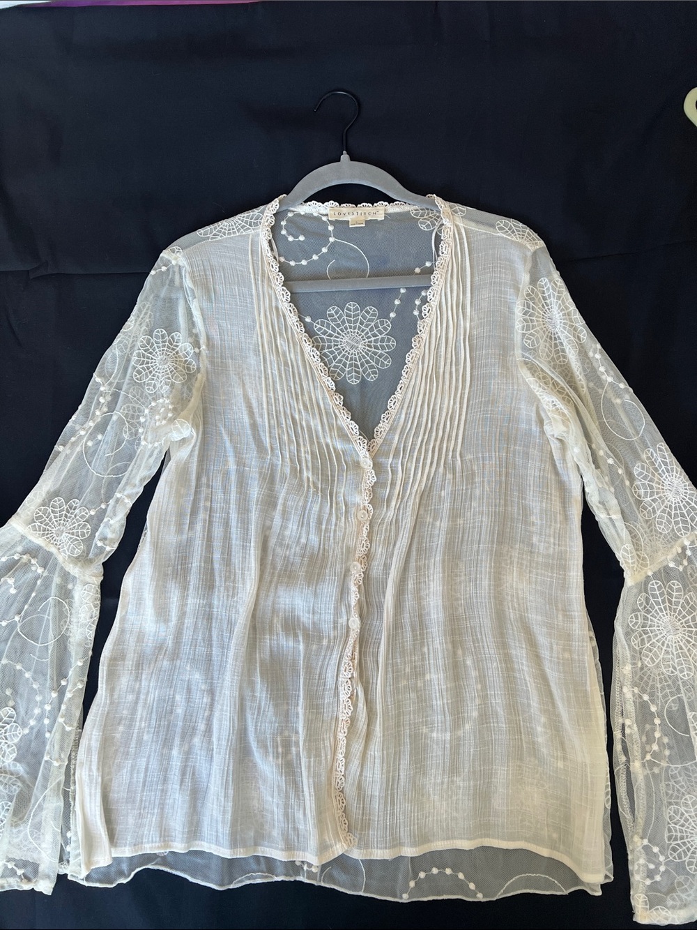 Lovestitch Sheer Lace-Trim Top in Ivory w/ bell sleeves - Picture 5 of 15